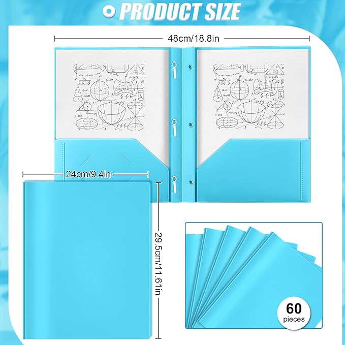 Yeaqee 60 Pcs Plastic Folders with Pockets and Prong Plastic Folders with 2 Pockets Pocket for Office, School for Students, Teachers, Office Workers (Light Blue)