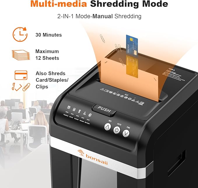 Bonsaii 200-Sheet Auto Feed Paper Shredder, 60 Minutes Nonstop Heavy Duty Shredders, 8.1 Gallon Large Bin Office Document Shredder, Micro-Cut/High Security P-4 Commercial Grade Shredder (C283-A)