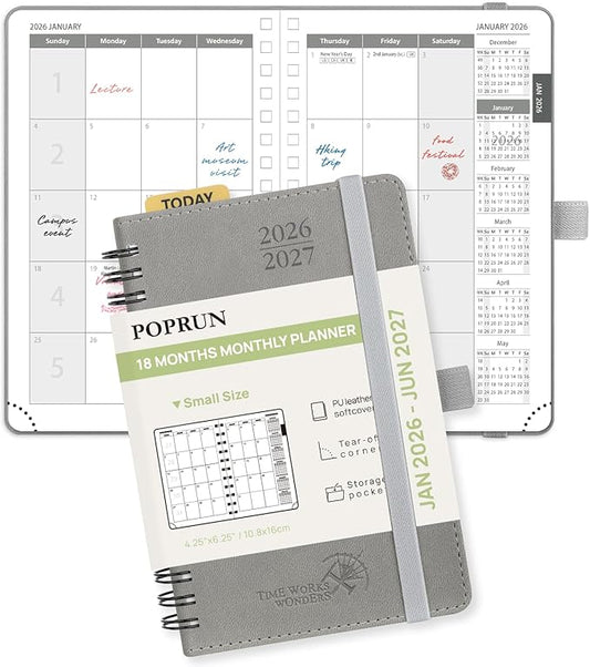 POPRUN Monthly Planner 2026-2027 (Pocket 4.25" x 6.25") 18 Months Calendar (Jan 2026 - Jun 2027) - 4 Pages per Month with Expense & Notes, Leather Cover, Sunday Starts - Grey