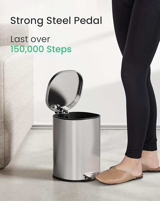 Cesun Bathroom Trash Can with Lid, 1.3 Gallon Small Garbage Can with Foot Pedal, Metal Round Wastebasket for Bathroom, Bedroom, Office, Silver