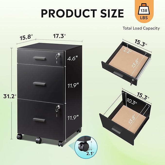 DEVAISE 3 Drawer Rolling File Cabinet with Lock, Wood Filing Cabinet fits Letter / A4 Size for Home Office, Black