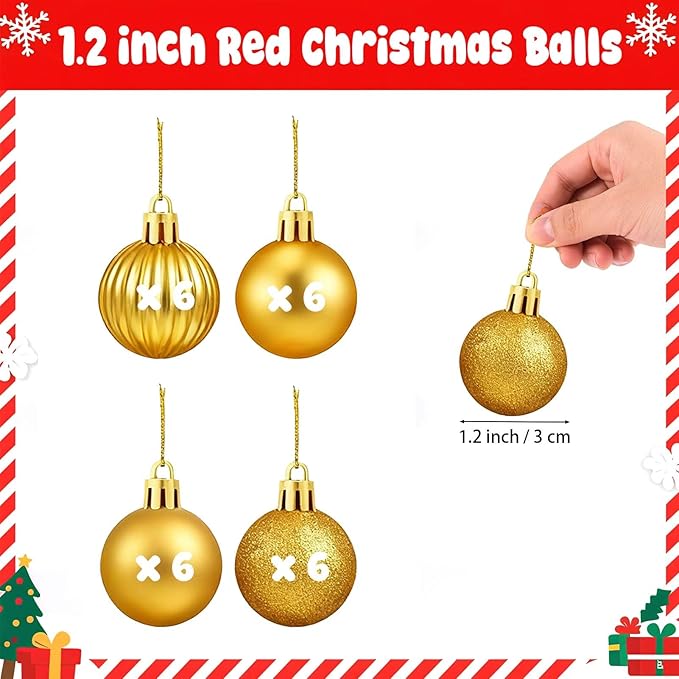 Set of 24 Small Gold Christmas Ornaments Balls for Christmas Tree, 1.2 inch Mini Gold Ornaments for Mini Tree, Tiny Plastic Shatterproof Hanging Bulbs Xmas Valentine Party Indoor Outdoor Decorations