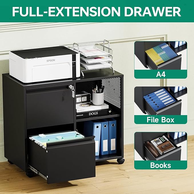 Letaya Mobile File Cabinet, Metal Lateral Rolling Printer Stand Filing Cabinets with Shelves for Home Office-Storage A4/F4/Letter (Black)