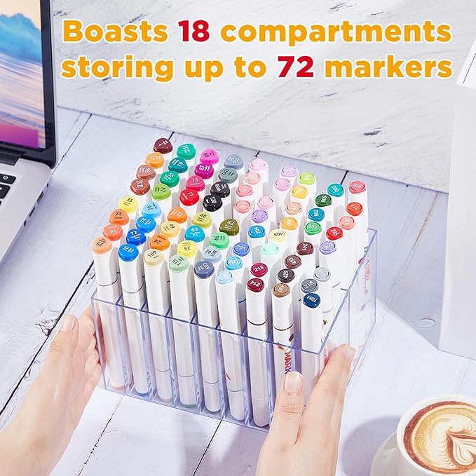 2 Pcs Acrylic Marker Organizer Desktop Storage Hold 144 Marker, Clear Pencil Holder Stand Art Brushes Stationary Display with 18 Compartments for School Classroom Desk Home Office Supplies