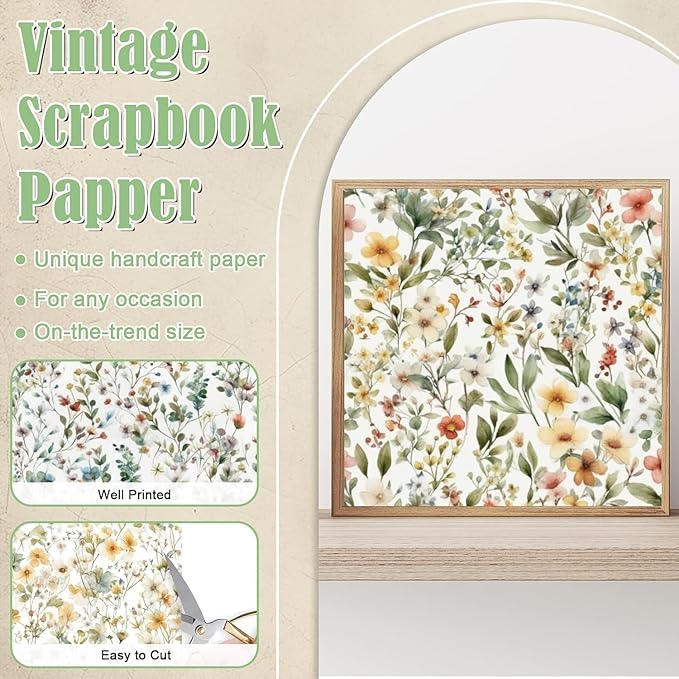 48 Sheets Floral Vintage Scrapbook Paper , Watercolor Vintage Floral Pattern Decorative Scrapbook Paper for Journals DIY Cards and Photo Albums,Aesthetic Craft Supplies for Kids and Adults
