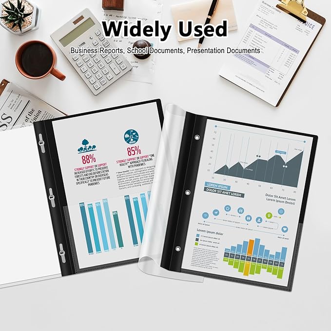 Ndsox 5 Packs Clear Front Report Covers with 3-Prong Fasteners, Plastic Project Presentation Folders Resume Document Covers with Black Back for 8.5" x 11" Letter Size Paper for School Office Business