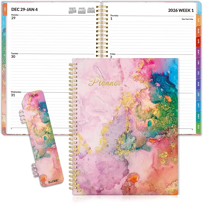 SUNEE 2026 Weekly and Monthly Planner - from January 2026 - December 2026, 8.5"x11" Daily Agenda Planner with Monthly Tab, Flexible Cover, Note Pages, Pockets, Bookmark, Spiral Binding, Pink Marble