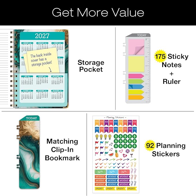 HARDCOVER 2026 Planner, 5.5"x8": 14 Months (November 2025 - December 2026), Daily Weekly Monthly Planner, Yearly Agenda, Bookmark, Pocket Folder and Sticky Note Set (Teal Gold Marble)