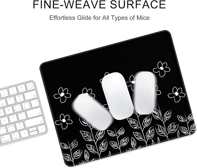 Auhoahsil Mouse Pad, 12 x 10 in Flower Theme Computer Mouse Pad for Desk, Premium-Textured Non-Slip Rubber Stitched Edges Waterproof Square Mouse Mat for Gaming Work Wireless Mice, Black