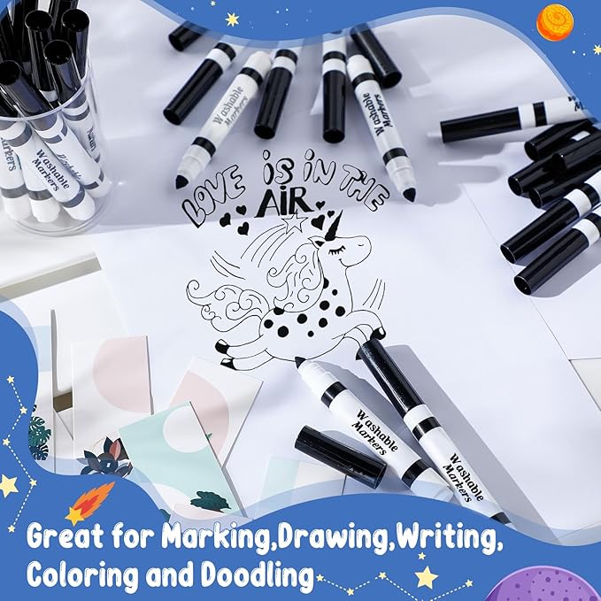 Janlaugh 60 Pcs Black Washable Markers Bulk Coloring Broad Line Markers for Kids Conical Tip Black Drawing Pens for Classroom Back to School Travel Art Baby Shower Gender Reveal Supplies, Ages 6+