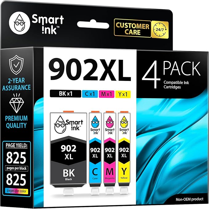 Smart Ink Compatible Ink Cartridge Replacement for HP 902 XL 902XL (4 Combo Pack) to use with Officejet Pro 6978 6968 6974 6975 6960 Officejet 6951 6954 6956 6958 Printers