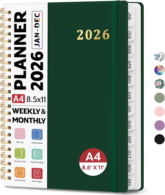 2026 Planner 8.5" x 11", Weekly and Monthly Calendar Planner Book, January 2026 - December 2026, Hardcover Spiral Planner with Monthly Tabs, Notes Pages, Perfect for Women & Men, A4 - Dark Green