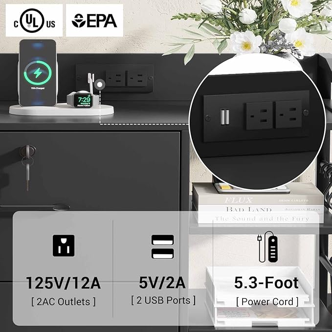 SEDETA 44" File Cabinet, Filing Cabinets fits Legal, Letter, A4 Size, 2 Drawer Office File Cabinet for Home Office with Lock, Power Strip, 6 Adjustable Shelves & 4 Hooks, Black