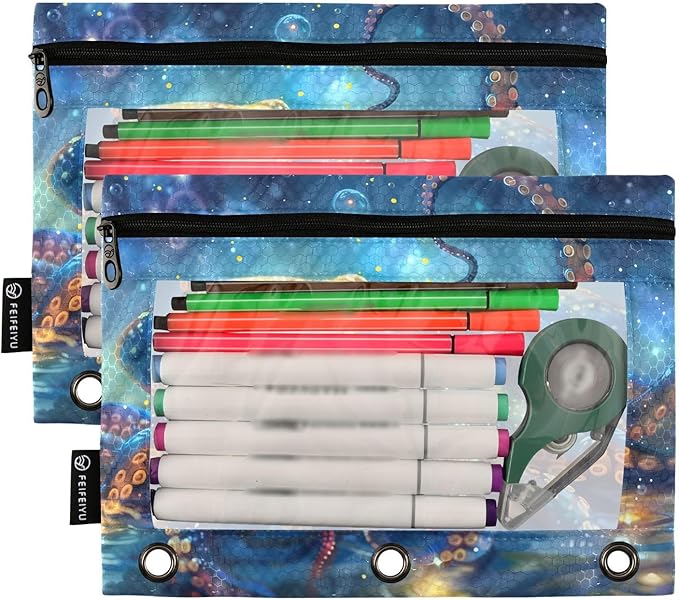 Octopus Galaxy Pencil Pouch for 3 Ring Binder, 2 Pack Waterproof Pencil Bags Clear Window Zipper School Office Supplies