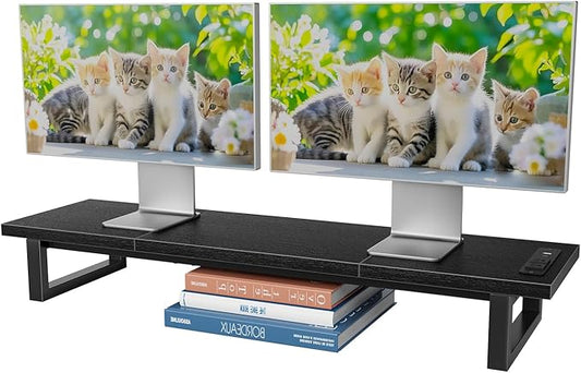 Simple Trending Dual Monitor Stand Riser with 2 USB Charging Ports, Computer Desk Organizer for 2 Monitors, Extra Long TV Stand for Laptop Office, iMac, Black