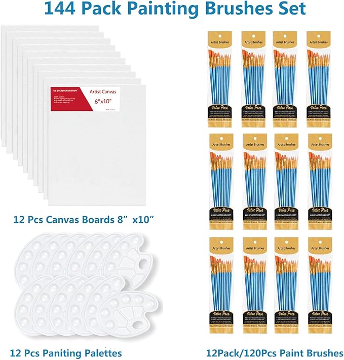 S & E TEACHER'S EDITION 120Pcs Painting Brushes, 12Pcs Paingting Palettes, 12Pcs Canvas Panels, Canvas Boards Bulk Value Pack for Classes and Parties, Total 144Pcs.