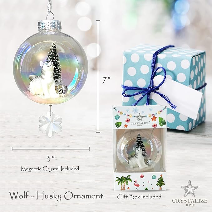 Wolf Christmas Ornament - Handmade Shatterproof Decorations for Indoor Outdoor Xmas Tree - Clear Ball Ornaments with Magnetic Crystal - Great Gift or Stocking Stuffer for Mom, Sister, Friend