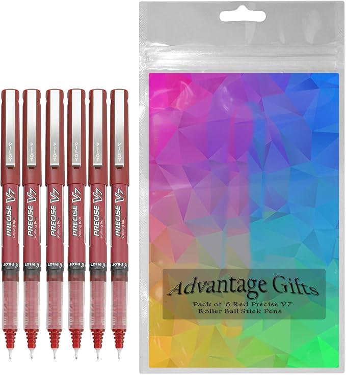 Precise V7 Stick Rolling Ball Pens, Fine Point (.7mm), Red Ink, 6-pk; Bundle with Plastic Reusable Pouch