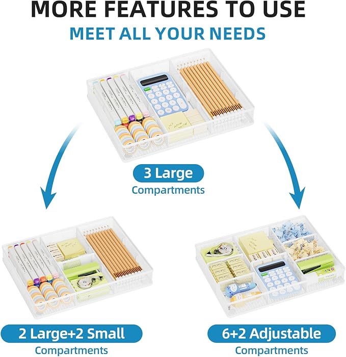 Marbrasse Desk Drawer Organizer, Metal Mesh Drawer Organizer Tray with 5 Adjustable Compartments,Desk Organizers and Accessories for Home,Office,Kitchen,Makeup,Vanity (White)