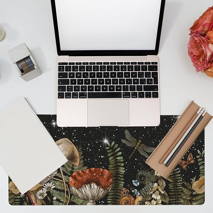Large Gaming Mouse Pad for Desk,Cute Forest Mushroom Desk Mat,Starry Night Mushroom Desk Pad,Extended Big Computer Keyboard Mouse Pad with Non-Slip Base and Stitched Edge,35.4"x15.7"