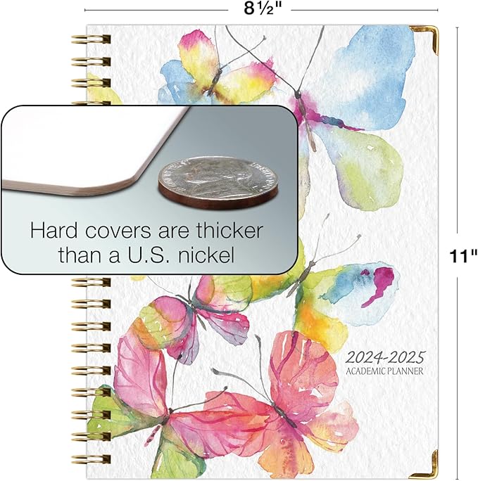 HARDCOVER Academic Year 2024-2025 Planner: (June 2024 Through July 2025) 8.5"x11" Daily Weekly Monthly Planner Yearly Agenda. Bookmark, Pocket Folder and Sticky Note Set (Watercolor Butterflies)