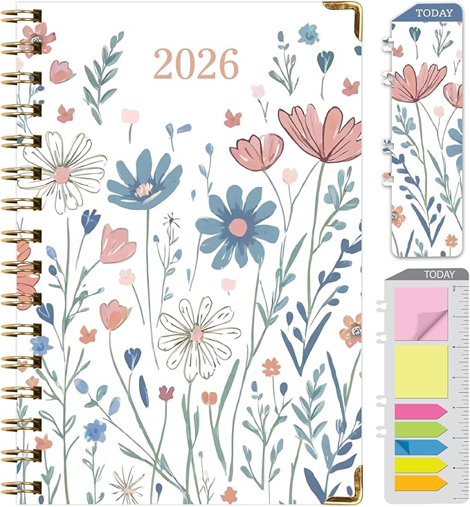 HARDCOVER 2026 Planner, 5.5"x8": 14 Months (November 2025 - December 2026), Daily Weekly Monthly Planner, Yearly Agenda, Bookmark, Pocket Folder and Sticky Note Set (Colorful Botanicals)