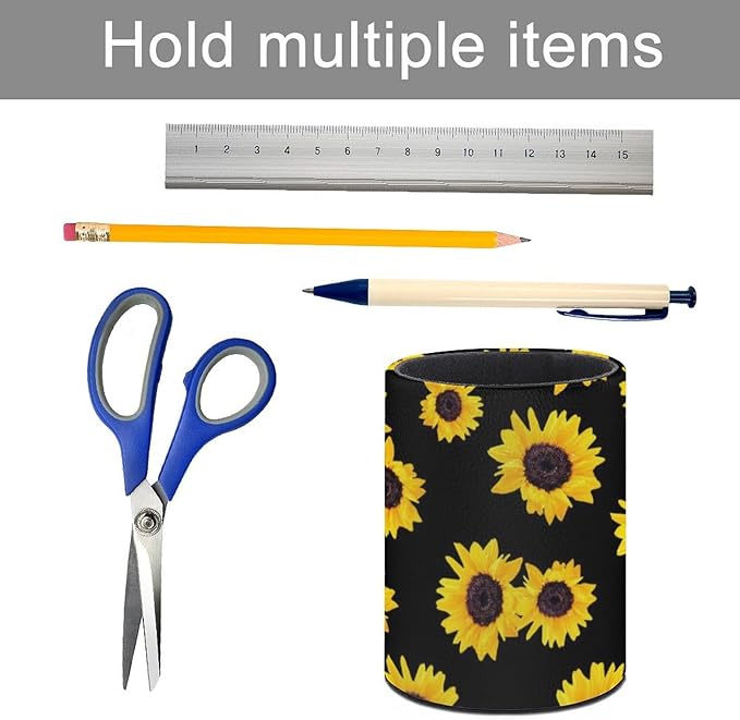 Sunflower Pen Holder Pencil Organizer Cute Pencil Cup Desk Decor Makeup Brush Holder PU Multifunctional Office Suppliesfor Home Classroom School