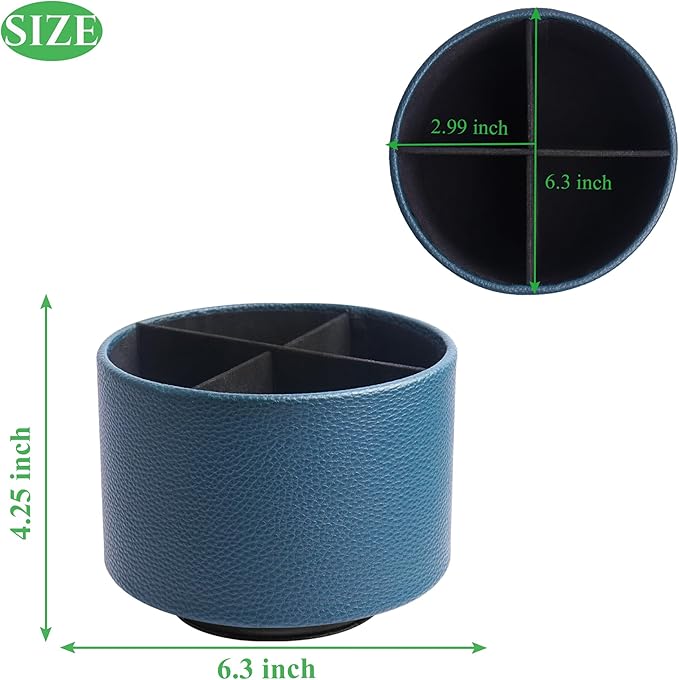 Hennaja Round Leather Art Supply Organizer,Remote Control Holder,360 Degree Spinning,Multi-Functional Pencil Holder,4 Compartments Desktop Stationary Organizer(1-Lichee Green)