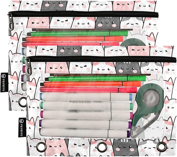 Cute Cats Kittens Pencil Pouch for 3 Ring Binder, 2 Pack Waterproof Pencil Bags Clear Window Zipper School Office Supplies