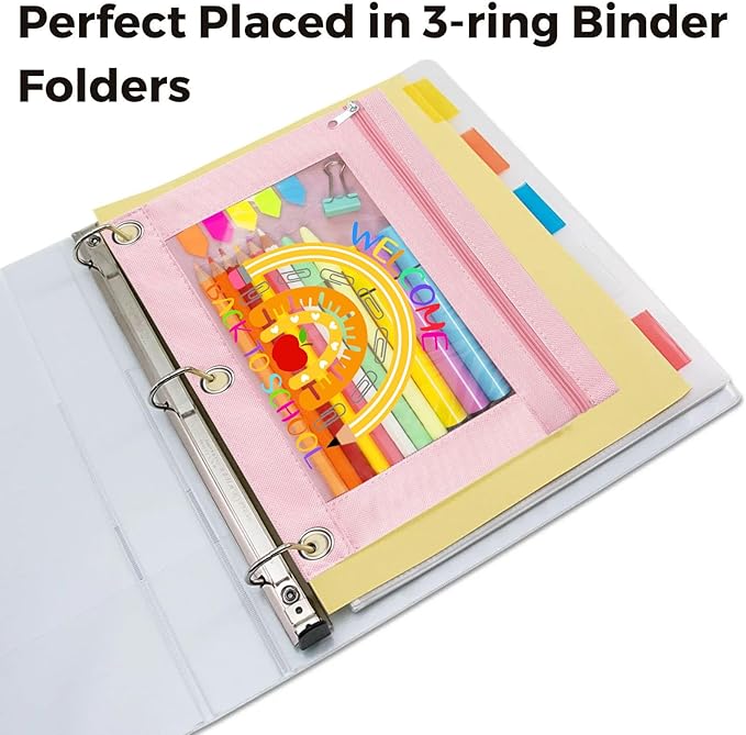 Pencil Pouch for 3 Ring Binder, Back to School Pencil Zipper Case Bag with Three Hole Clear Window for School Supplies