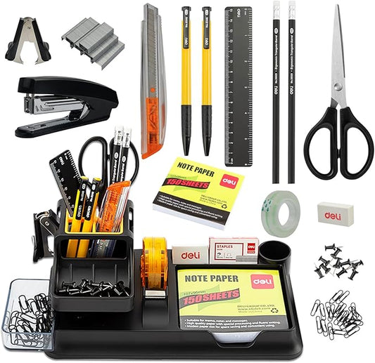 deli Black Office Supplies for Desk, 17Pcs Desk Organizers and Accessories with 4 Pens,Tape Dispenser,Stapler,Staples,Staple Remover,Pen Holder,Scissor,Ruler,Eraser,Note Pad,Cutter,Clips Set