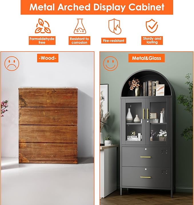 Tall Metal Arch Cabinet, Filing Cabinet for Home Office, Black Arched Bookcase with Locking Glass Doors and Drawers(Assemble Required)