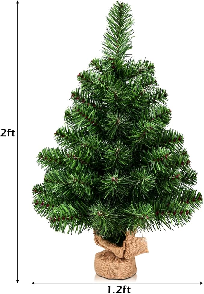 HAPPYGRILL 2 Feet Small Christmas Tree, Artificial Tabletop Mini Christmas Tree with 67 PVC Branch Tips, Burlap Cement Base, Spruce Xmas Tree for Home, Office Holiday Decoration, No Assembly Required