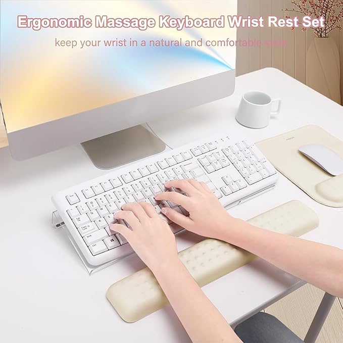 MOSISO Computer Keyboard Stand&Wrist Rest Support for Keyboard &Mouse Pad Set, Ergonomic Massage Wrist Rest Set, Easy Typing Working Acrylic Clear Stand for Office Home, Khaki