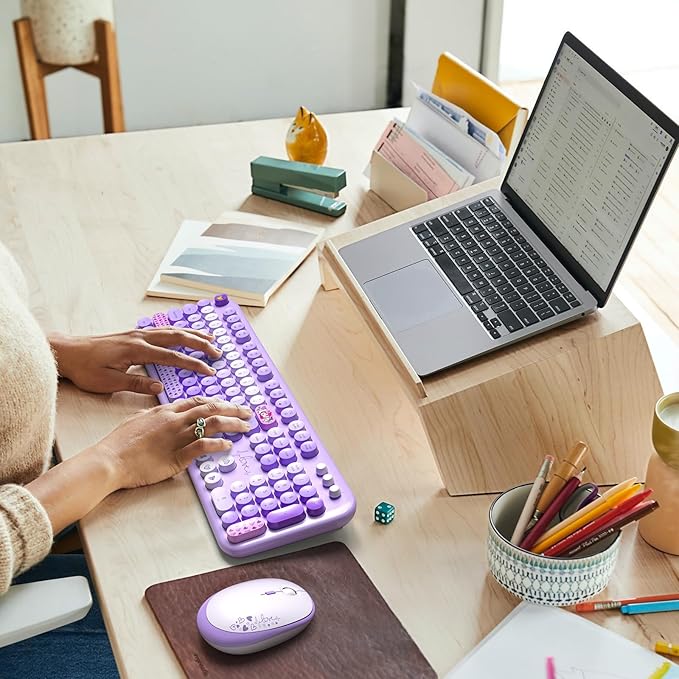Wireless Keyboard and Mouse, Typewriter Full Size Keyboard with Number Pad and 2 in 1 USB Connected Mouse for Windows 7/8/10, Laptop, Desktop, PC, Computer (Purple Colorful)