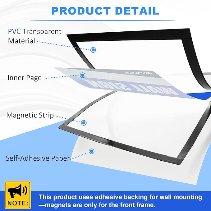 Magnetic Sign Holder & Picture Frame 8.5 x 11 - Self-Adhesive Magnetic Frames with Strong Magnet Border, Clear PVC Document/Poster/Paper Wall Mount Holder for Home Office Store, 12 Pack