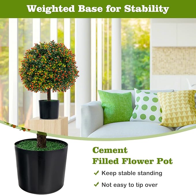 Goplus 22'' Artificial Boxwood Topiary Ball Tree, Set of 2 UV Resistant Faux Potted Plants Artificial Shrubs Bushes with Orange Fruits, Fake Evergreen Artificial Topiary for Home Front Porch Decor