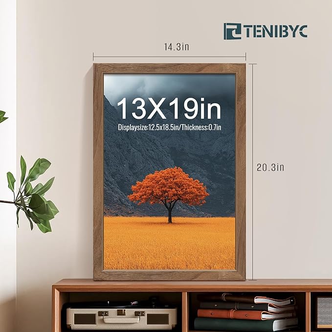 13x19 Picture Frame Set of 4, Textured Walnut Wood & HD Tempered Glass, Brown 19x13 Poster Frame for Wall
