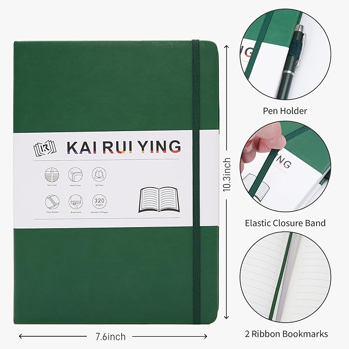 KaiRuiYing Lined Journal Notebook with Pen Holder, 320 Pages, 7.6'' × 10.3'' Large Size B5-100 GSM Thick Paper, for Writing, Work, Office, Leather Hardcover