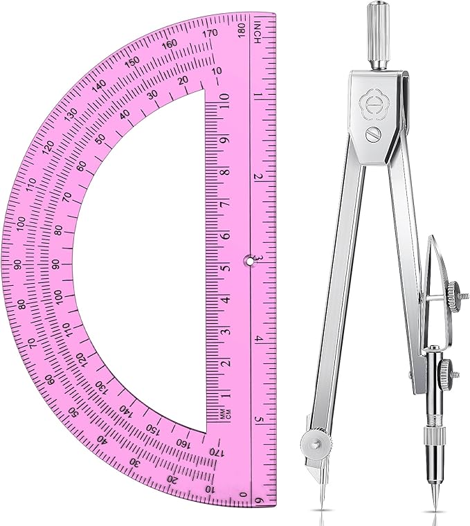 EBOOT Student Geometry Math Set, Drawing Compass and 6 Inch Swing Arm Protractor 180 Degree Math Protractor (Pink)