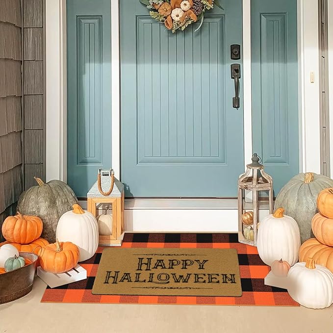 KIMODE Fall Outdoor Rug Buffalo Plaid Orange and Black 24"x51",Washable Cotton Fall Halloween Door Mat,Reversible Checkered Layering Rugs for Entryway,Halloween Front Porch Decor