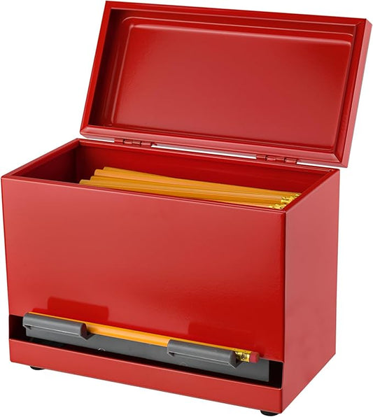 2Fold Pencil Dispenser for Classroom - Stainless Steel Bulk Pencil Holder for Desk - Includes Removable Label Stickers - Teacher Must Haves for Organization - Holds up to 200 Pencils (Red)