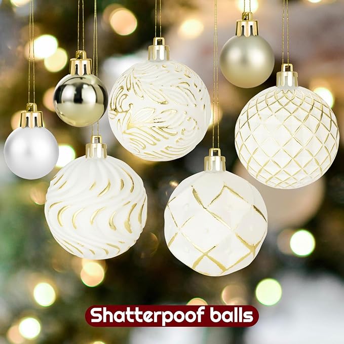 44PCS Christmas Ball Ornaments Set Xmas Tree Decoration Balls 2025 Shatterproof Hanging Colored for Party Wedding Home Party Outdoor Indoor White & Golden