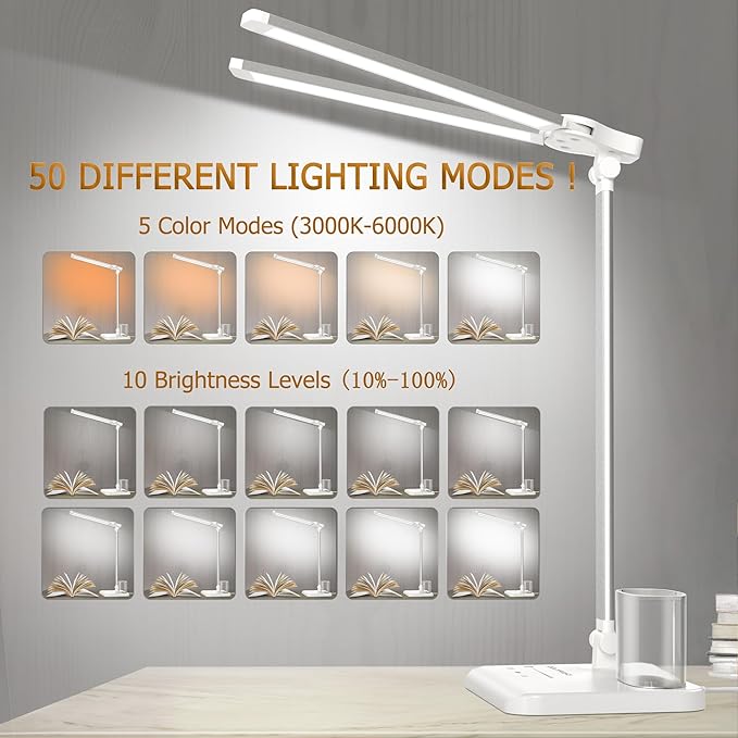 LED Desk Lamp Dimmable Table Lamp with USB Charging Port, 50 Lighting Modes, Adjustable Foldable Dual Swing Arm Architect Desk Lamp for Home Office, Eye-Caring Reading Lamp w/ Pen Holder 45min Timer