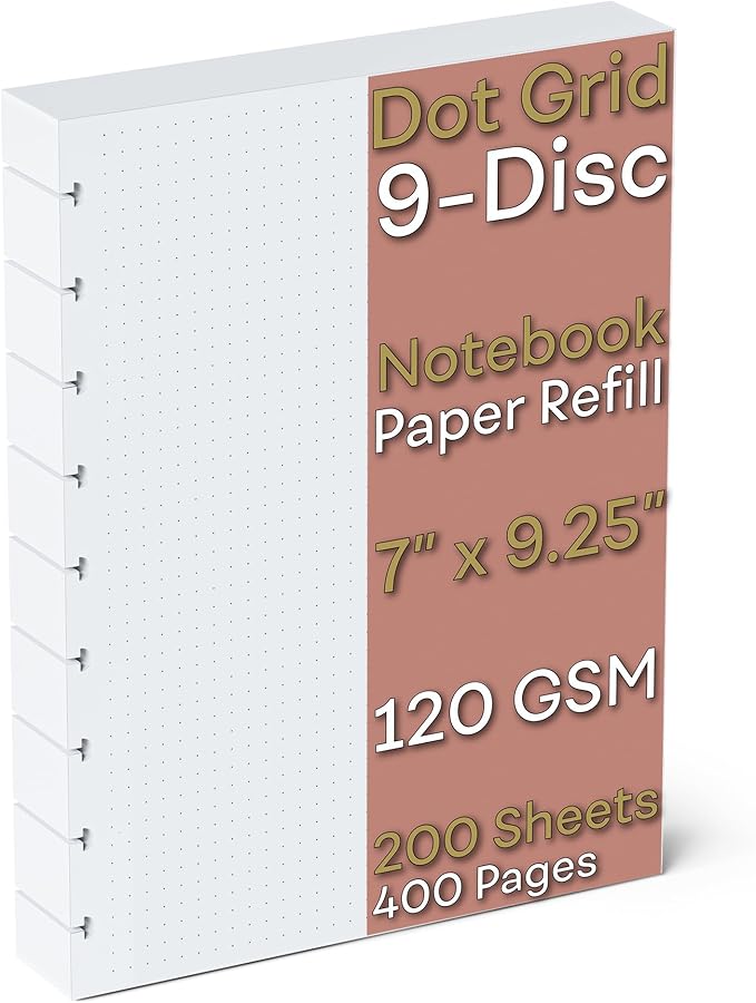Discbound Dotted Grid Paper, 120 GSM Refill, 200 Sheets (400 Pages), 9 Disc Pre-Punched Happy Planner Inserts, Loose Leaf, White, 7 inch x 9.25 Inch