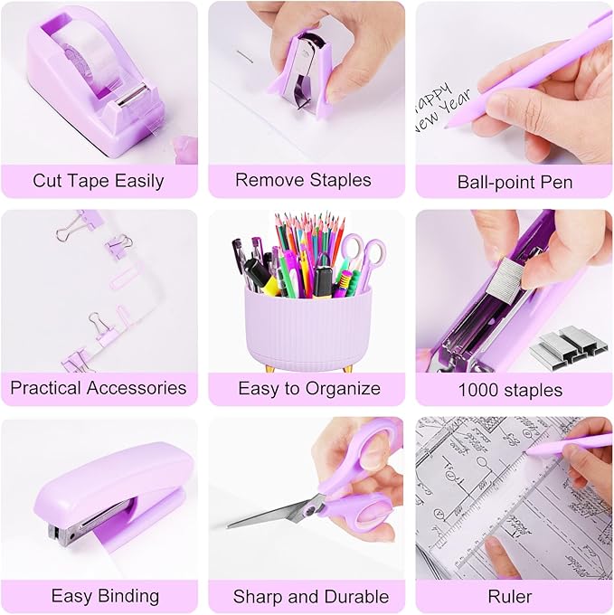 Purple Desk Organizers and Accessories 10Pcs Set with 360-Degree Rotating Pen Holder, Tape Dispenser, Stapler, Staple Remover, 1000 Staples, Tape, Clips Set, Ruler, Scissor, Pen (Purple)