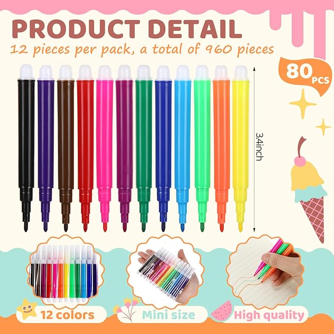 960 Pcs Mini Markers Colored Pen 3.4 Inch Vibrant Colors Portable Short Colored Markers Assorted Multicolor Watercolor Marker Pen for Kids and Adult Glass Office School Supplies (12 Colors)