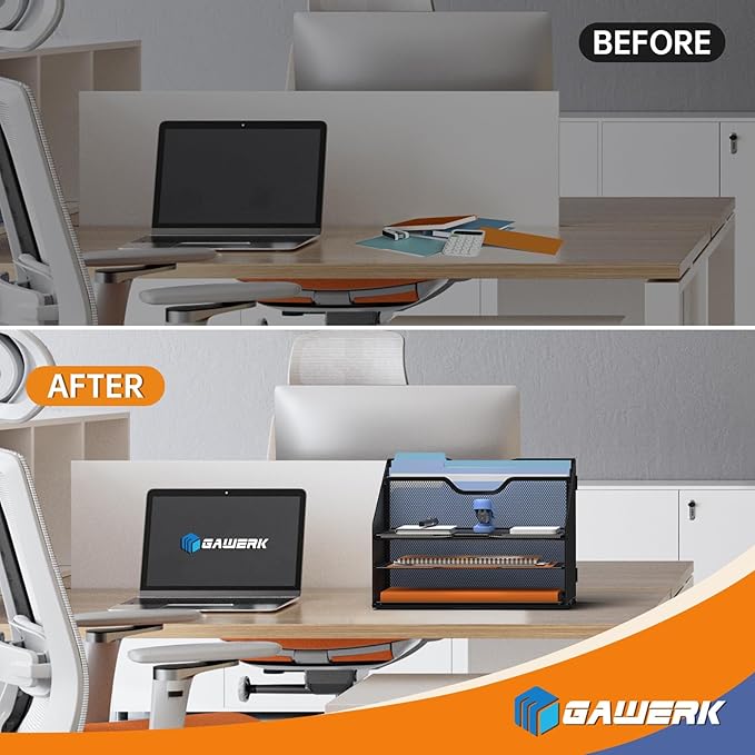 Letter Tray Organizer, Mesh Desk File Organizer with 3 Paper Trays and 2 Vertical Upright Section (White)