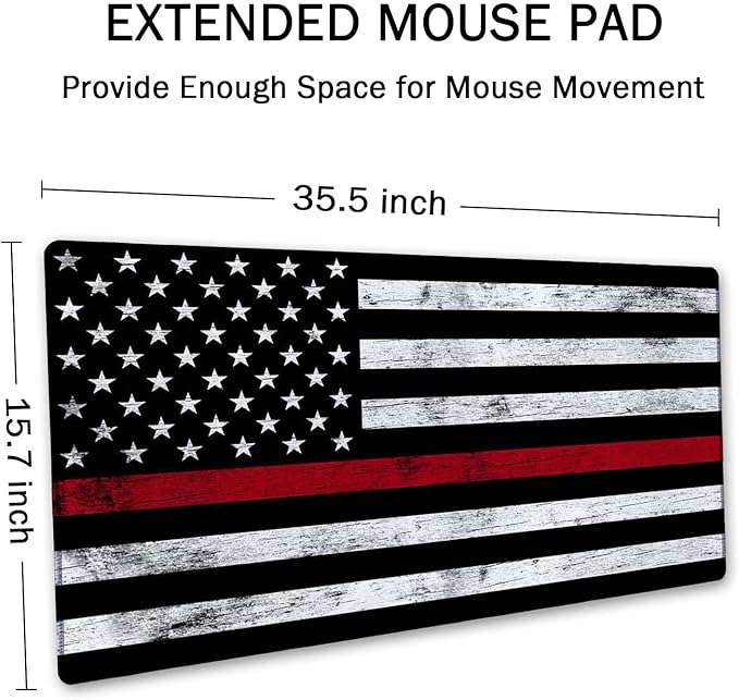 SSOIU Extended Gaming Mouse Pad (35.5x15.7 in), Large Stable Rubber Base Mousepad with Stitched Edges, Keyboard Mouse Mat Desk Pad for Work, Game, Office, Home - Fire Fighter Thin Red Line Flag