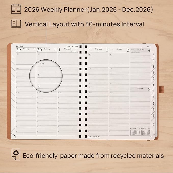 POPRUN 2026 Planner - 2026 Recycled Weekly Planner [Italian Regenrated Leather - Medium Size 6.5'' x 8.5''] - 2026 Weekly Planner with Hourly Schedule, Monthly Tabs-26-WERO7-DST - Desert Brown